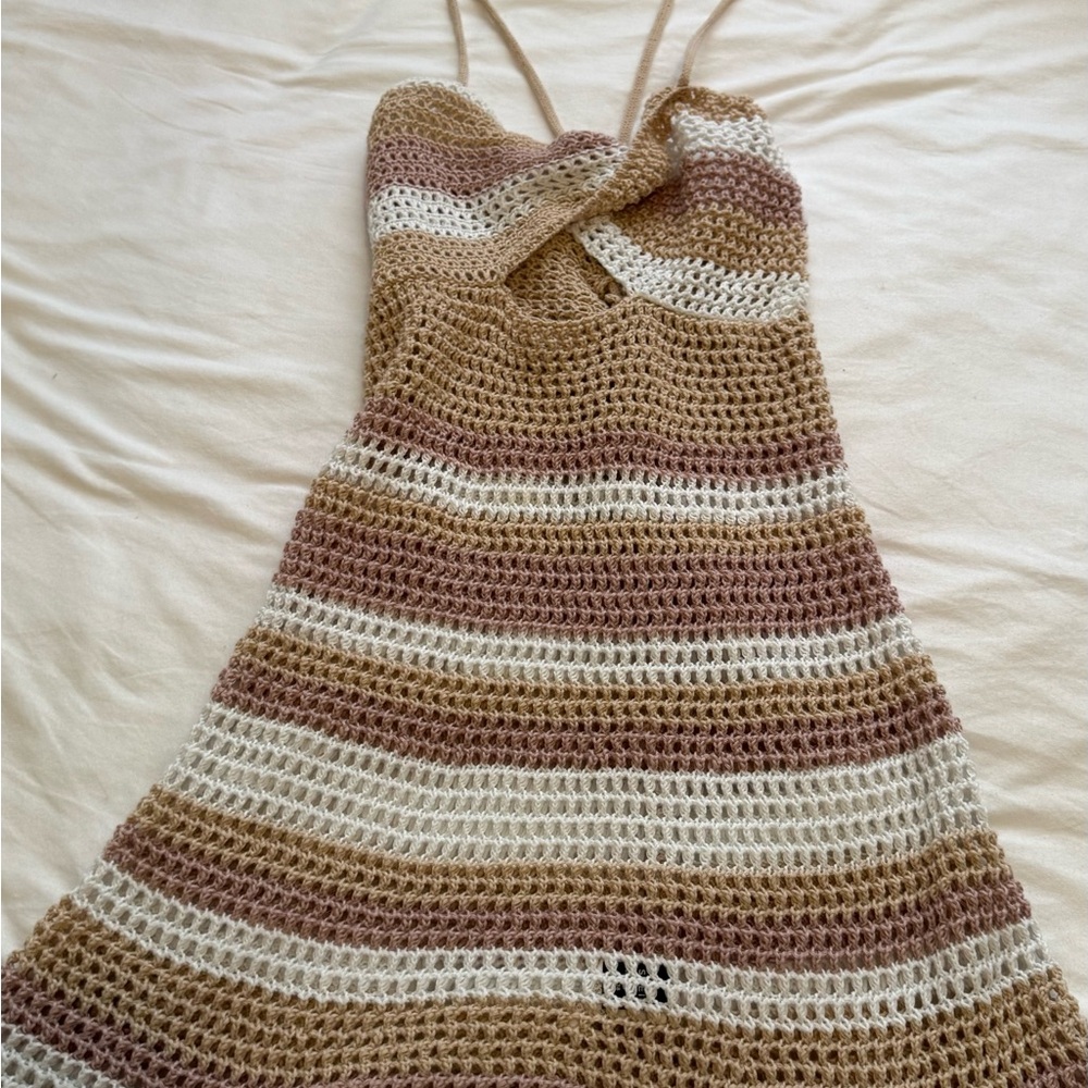 SHEIN Striped Crochet Dress - Brown and Cream